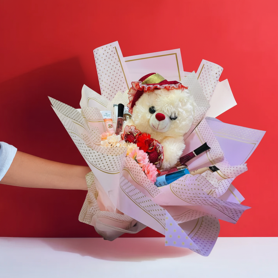 Cute Teddy & Makeup Delight Bouquet - Perfect Gift for Her